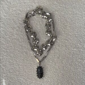 Zara necklace stack Silver-Tone Layered Chain Necklace with Black Stone Pendant